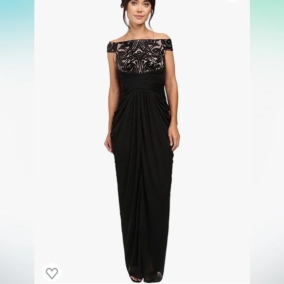 Adrianna Papell Women's Off The Shoulder Embroidered Sequin and Tulle Gown - Picture 1 of 7